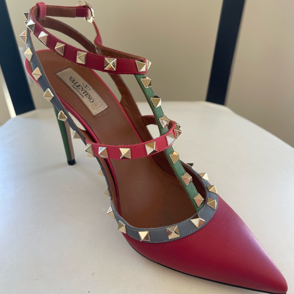 Valentino garavani Rockstud 100MM Red and Green Gold kidskin Pumps